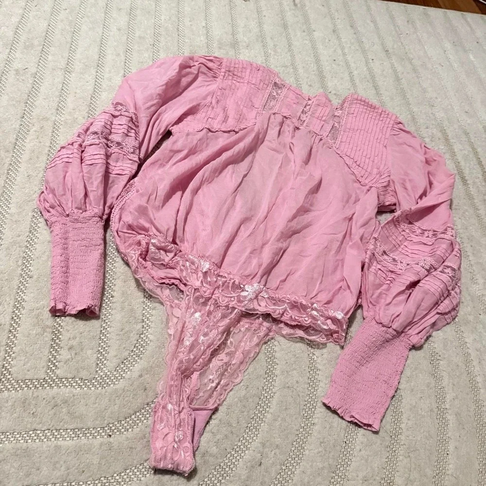 Free People Pink Smocked lace Bodysuit size XL Sage Boho Fairy Feminine Cottage